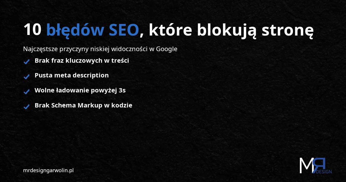 10 błędów SEO, które blokują stronę małej firmy - infografika MRdesign