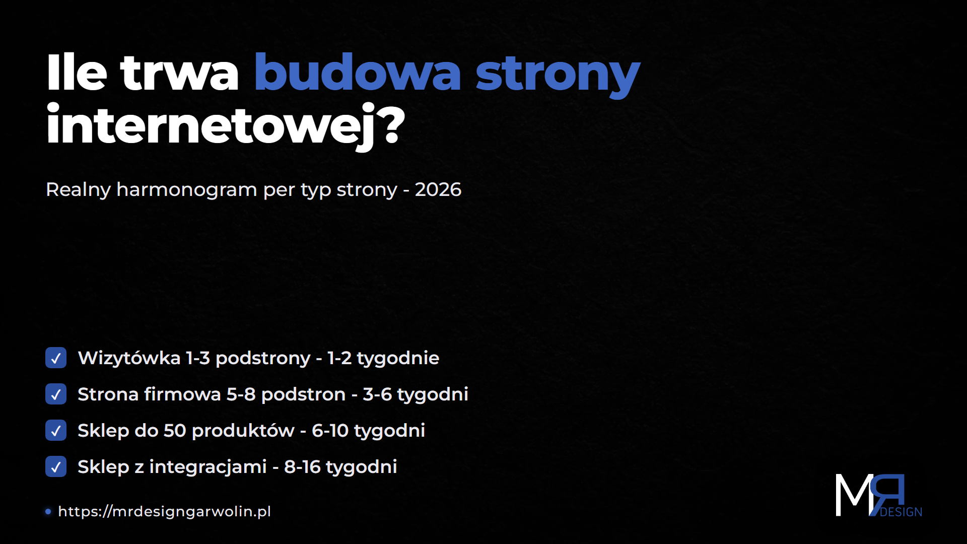 Infografika: ile trwa budowa strony internetowej - wizytówka, firmowa, sklep, integracje. MRdesign Garwolin.