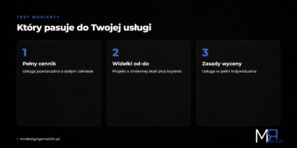 Trzy warianty cennika na stronie internetowej: pełny cennik, widełki, zasady wyceny