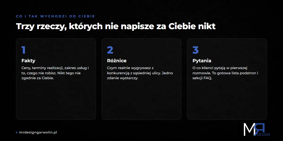 Trzy rzeczy, które właściciel firmy musi dostarczyć do tekstów na stronę: fakty, różnice, pytania klientów
