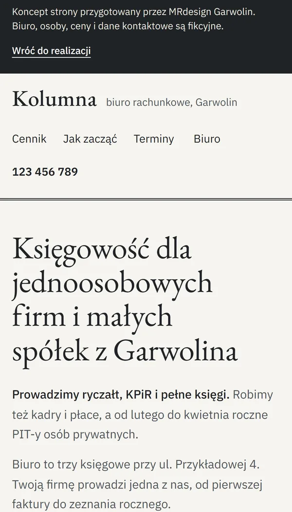 Koncept strony: biuro rachunkowe - widok na telefonie