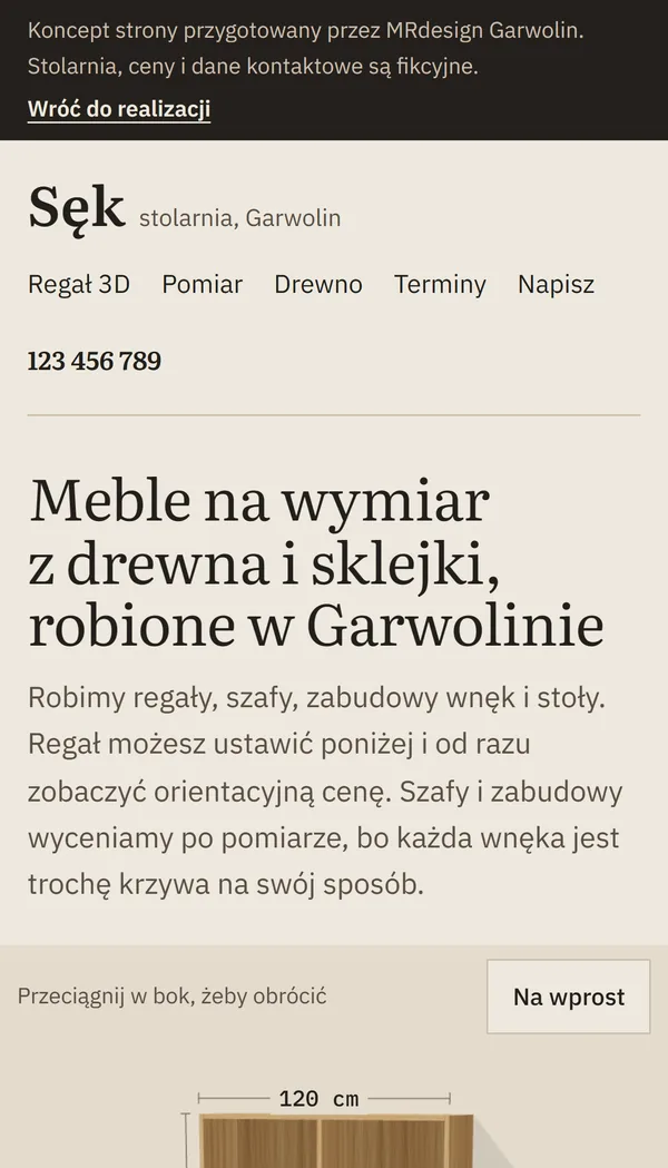 Koncept strony: stolarnia, meble na wymiar - widok na telefonie