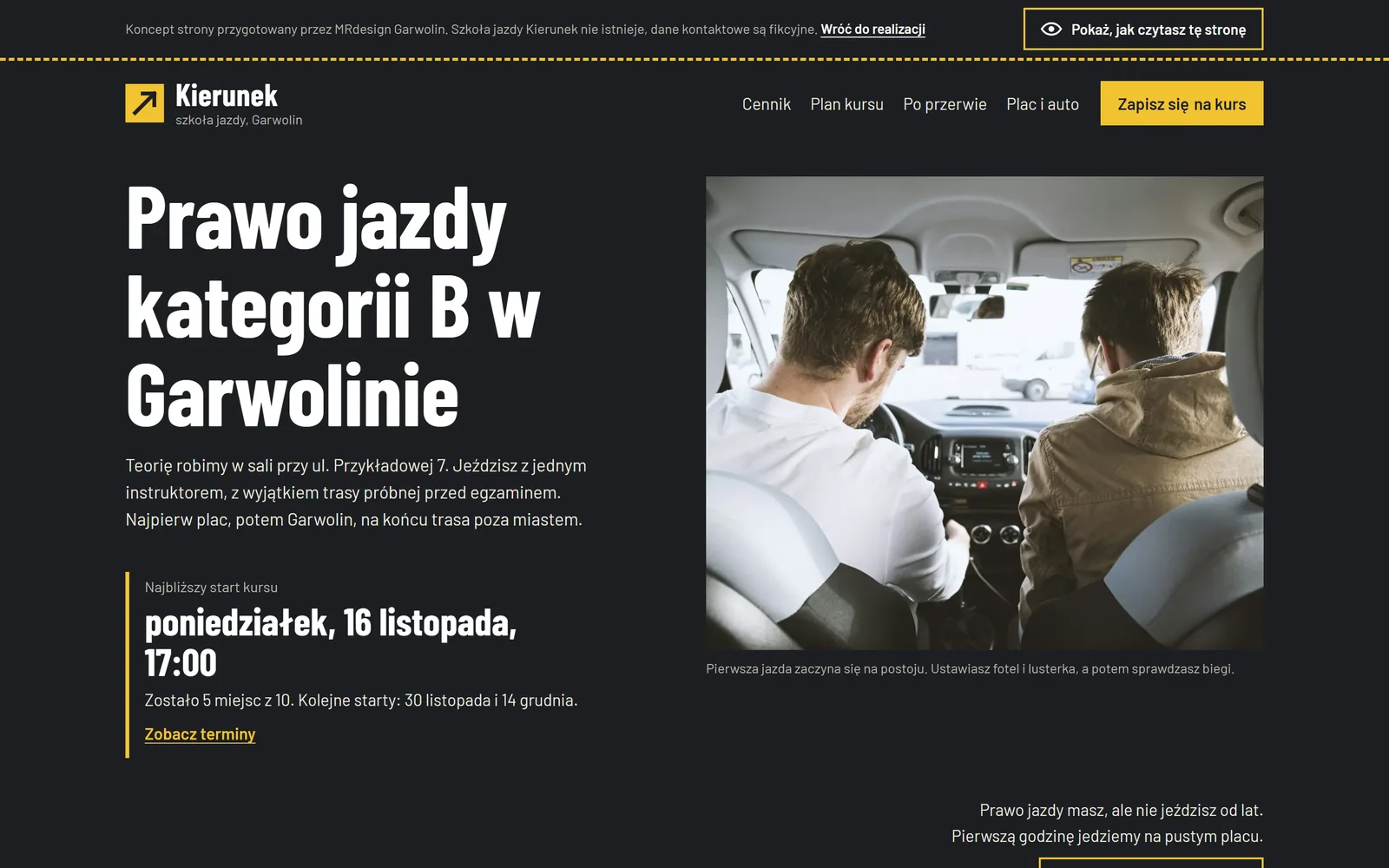 Koncept strony: szkoła jazdy - widok na komputerze