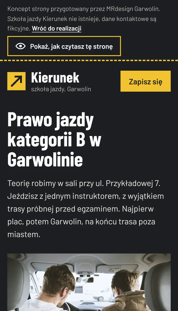 Koncept strony: szkoła jazdy - widok na telefonie