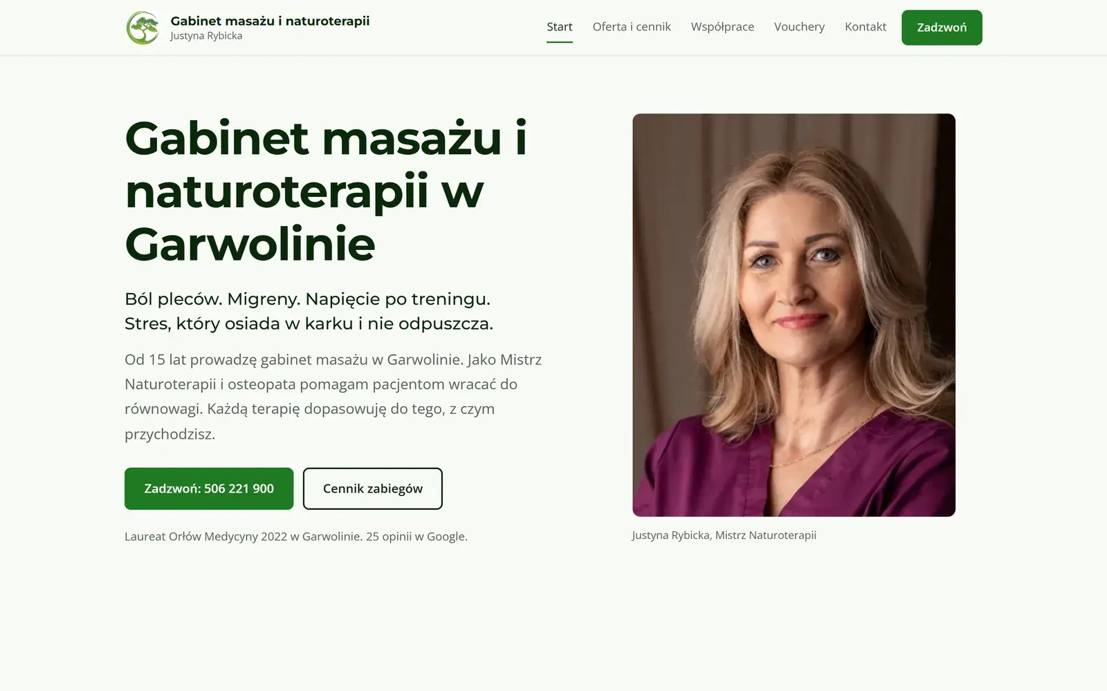 Strona gabinetu Naturoterapia Garwolin - widok na komputerze