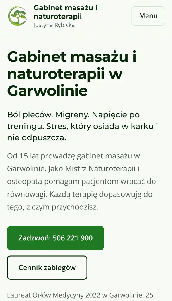Strona gabinetu Naturoterapia Garwolin - widok na telefonie